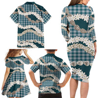 Dark Cyan Hawaii Tiare and Shell Lei Family Matching Long Sleeve Bodycon Dress and Hawaiian Shirt Hawaiian Palaka Luxury Vibes - Polynesian Pride