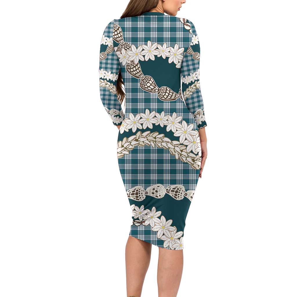 Dark Cyan Hawaii Tiare and Shell Lei Family Matching Long Sleeve Bodycon Dress and Hawaiian Shirt Hawaiian Palaka Luxury Vibes - Polynesian Pride