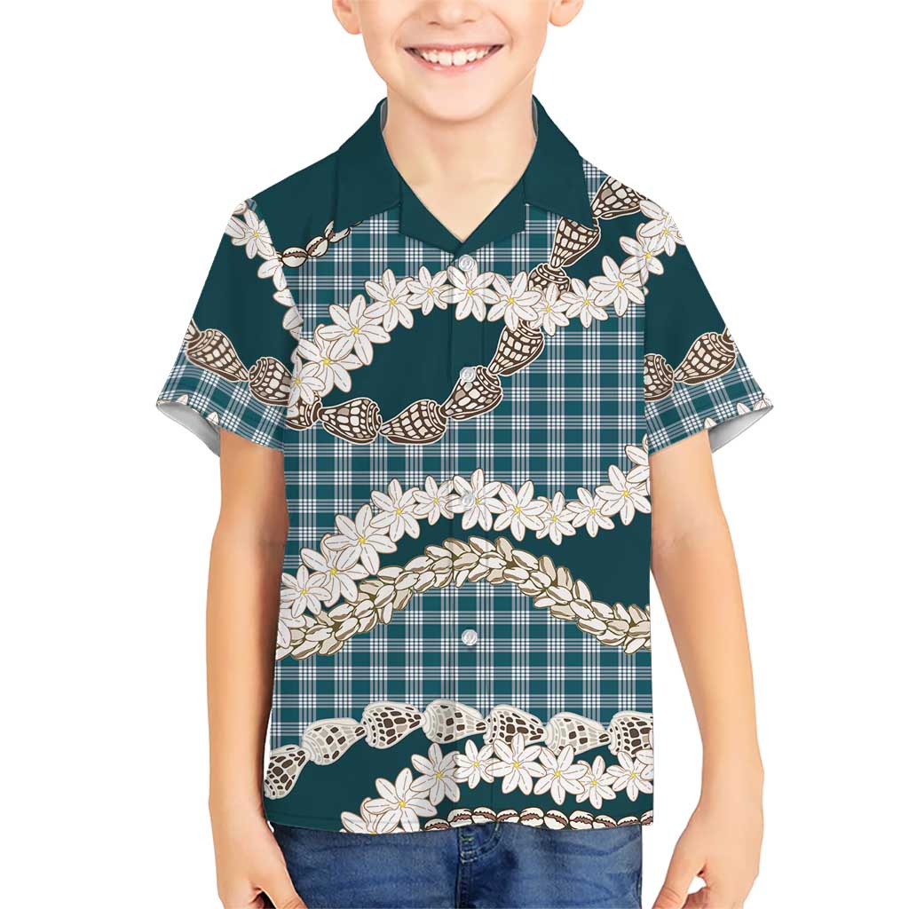 Dark Cyan Hawaii Tiare and Shell Lei Family Matching Long Sleeve Bodycon Dress and Hawaiian Shirt Hawaiian Palaka Luxury Vibes - Polynesian Pride