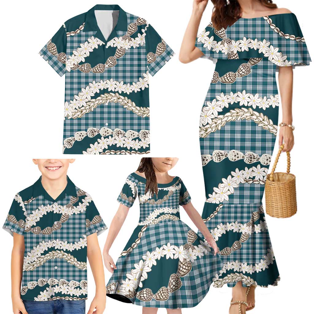 Dark Cyan Hawaii Tiare and Shell Lei Family Matching Mermaid Dress and Hawaiian Shirt Hawaiian Palaka Luxury Vibes - Polynesian Pride