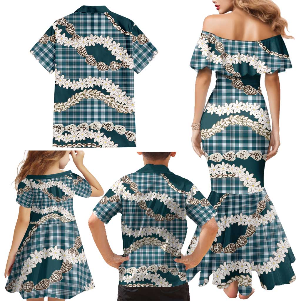 Dark Cyan Hawaii Tiare and Shell Lei Family Matching Mermaid Dress and Hawaiian Shirt Hawaiian Palaka Luxury Vibes - Polynesian Pride