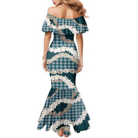 Dark Cyan Hawaii Tiare and Shell Lei Family Matching Mermaid Dress and Hawaiian Shirt Hawaiian Palaka Luxury Vibes - Polynesian Pride