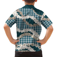 Dark Cyan Hawaii Tiare and Shell Lei Family Matching Off The Shoulder Long Sleeve Dress and Hawaiian Shirt Hawaiian Palaka Luxury Vibes - Polynesian Pride