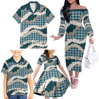 Dark Cyan Hawaii Tiare and Shell Lei Family Matching Off The Shoulder Long Sleeve Dress and Hawaiian Shirt Hawaiian Palaka Luxury Vibes - Polynesian Pride