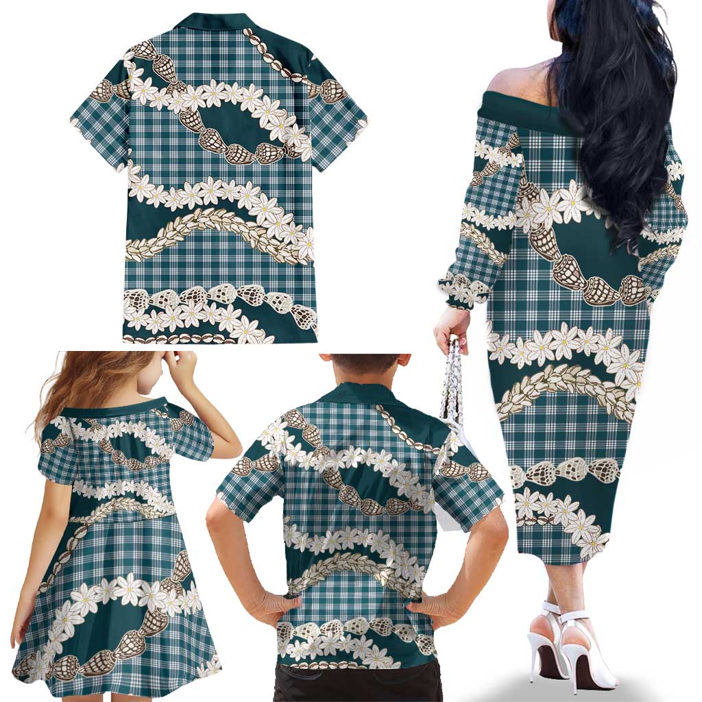 Dark Cyan Hawaii Tiare and Shell Lei Family Matching Off The Shoulder Long Sleeve Dress and Hawaiian Shirt Hawaiian Palaka Luxury Vibes - Polynesian Pride