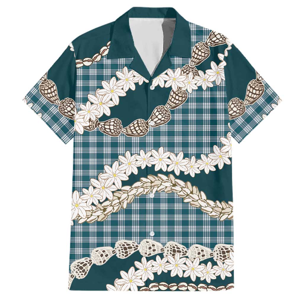 Dark Cyan Hawaii Tiare and Shell Lei Family Matching Off The Shoulder Long Sleeve Dress and Hawaiian Shirt Hawaiian Palaka Luxury Vibes - Polynesian Pride
