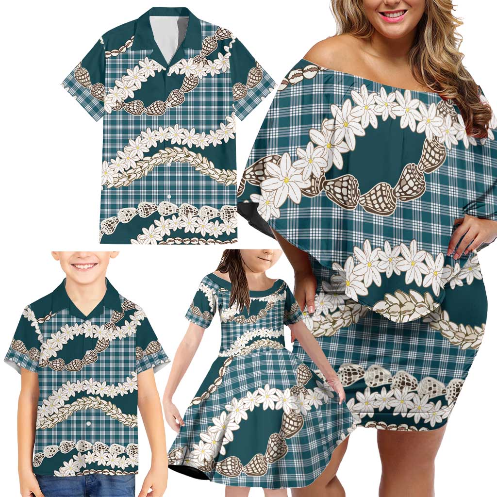 Dark Cyan Hawaii Tiare and Shell Lei Family Matching Off Shoulder Short Dress and Hawaiian Shirt Hawaiian Palaka Luxury Vibes - Polynesian Pride