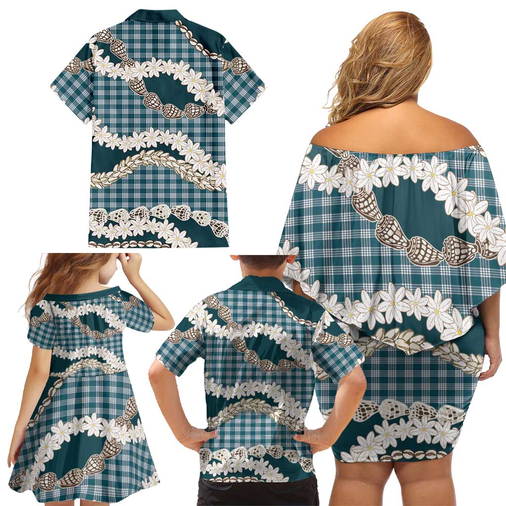 Dark Cyan Hawaii Tiare and Shell Lei Family Matching Off Shoulder Short Dress and Hawaiian Shirt Hawaiian Palaka Luxury Vibes - Polynesian Pride