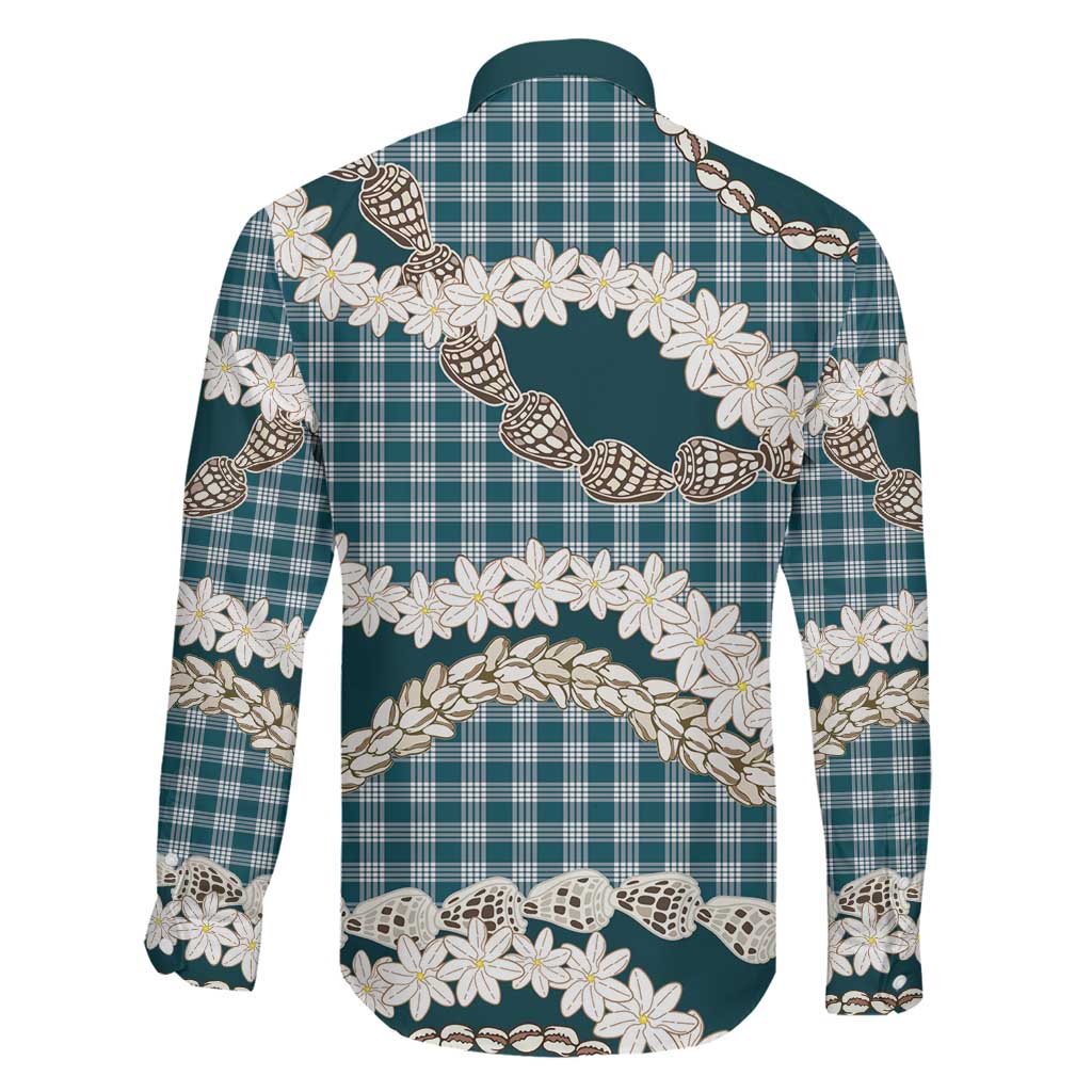 Dark Cyan Hawaii Tiare and Shell Lei Family Matching Off Shoulder Short Dress and Hawaiian Shirt Hawaiian Palaka Luxury Vibes - Polynesian Pride