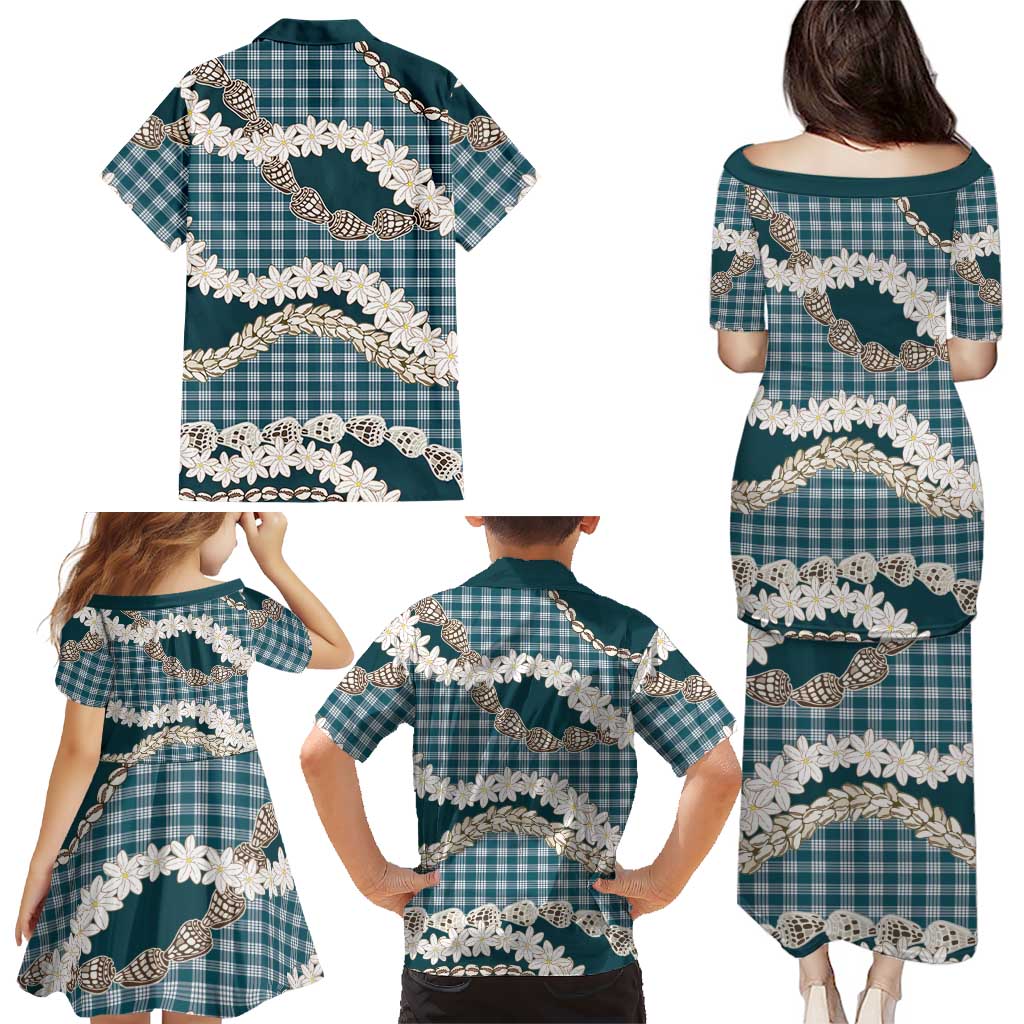 Dark Cyan Hawaii Tiare and Shell Lei Family Matching Puletasi and Hawaiian Shirt Hawaiian Palaka Luxury Vibes - Polynesian Pride