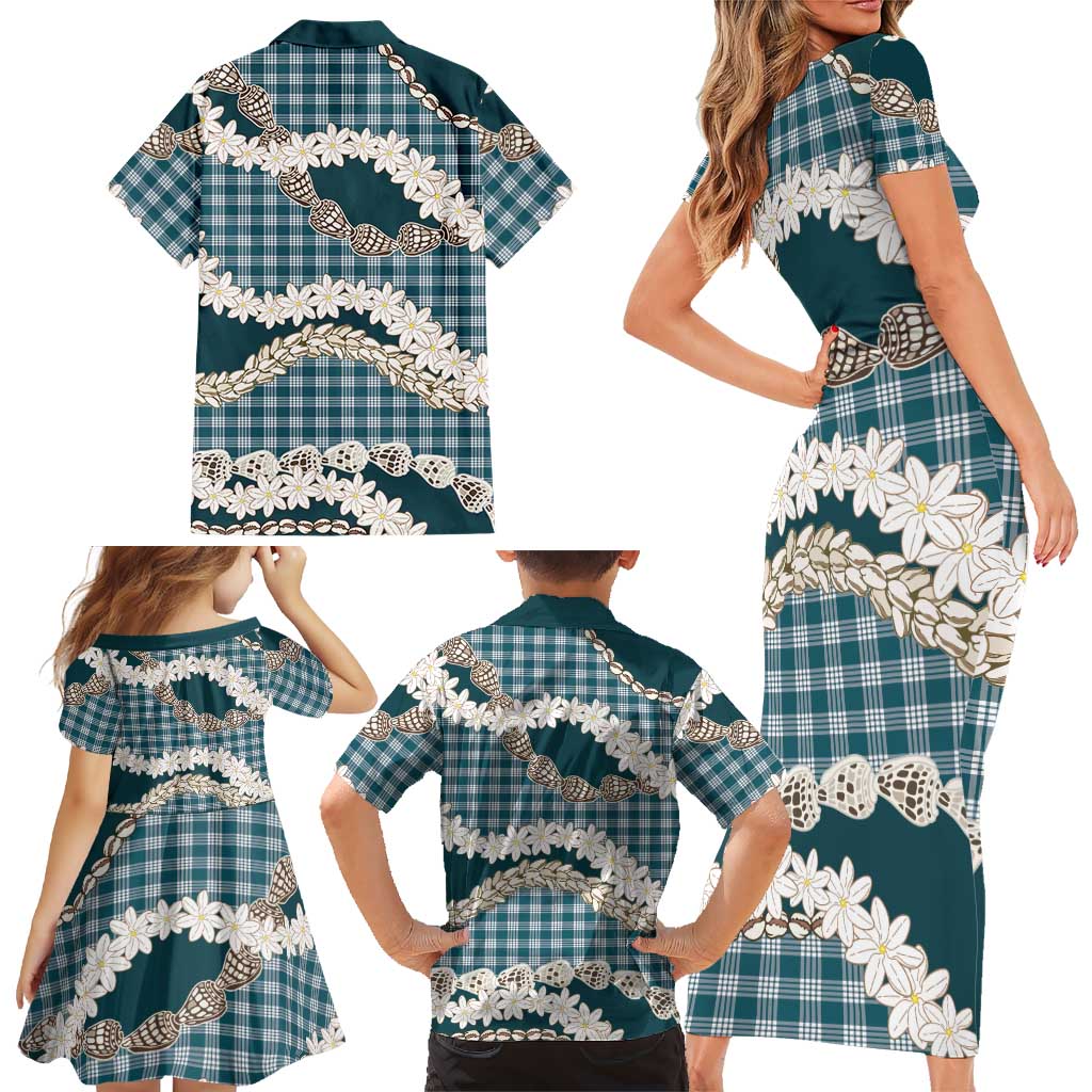 Dark Cyan Hawaii Tiare and Shell Lei Family Matching Short Sleeve Bodycon Dress and Hawaiian Shirt Hawaiian Palaka Luxury Vibes - Polynesian Pride