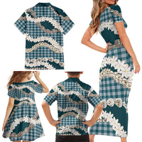 Dark Cyan Hawaii Tiare and Shell Lei Family Matching Short Sleeve Bodycon Dress and Hawaiian Shirt Hawaiian Palaka Luxury Vibes - Polynesian Pride