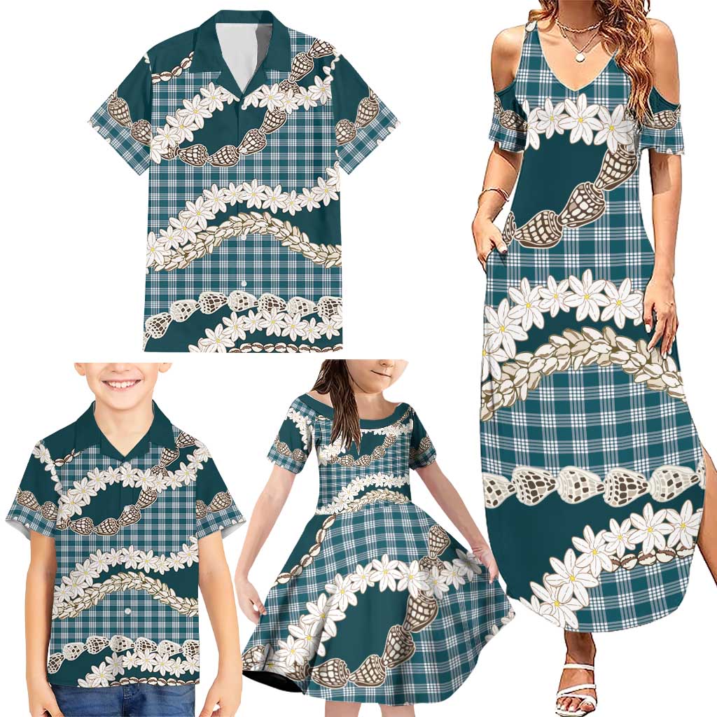 Dark Cyan Hawaii Tiare and Shell Lei Family Matching Summer Maxi Dress and Hawaiian Shirt Hawaiian Palaka Luxury Vibes - Polynesian Pride