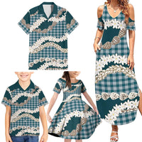 Dark Cyan Hawaii Tiare and Shell Lei Family Matching Summer Maxi Dress and Hawaiian Shirt Hawaiian Palaka Luxury Vibes - Polynesian Pride