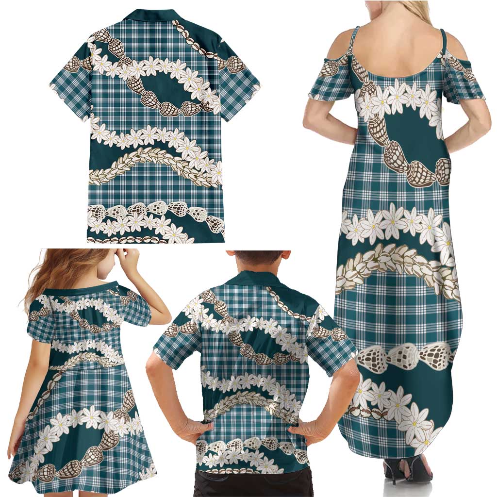 Dark Cyan Hawaii Tiare and Shell Lei Family Matching Summer Maxi Dress and Hawaiian Shirt Hawaiian Palaka Luxury Vibes - Polynesian Pride