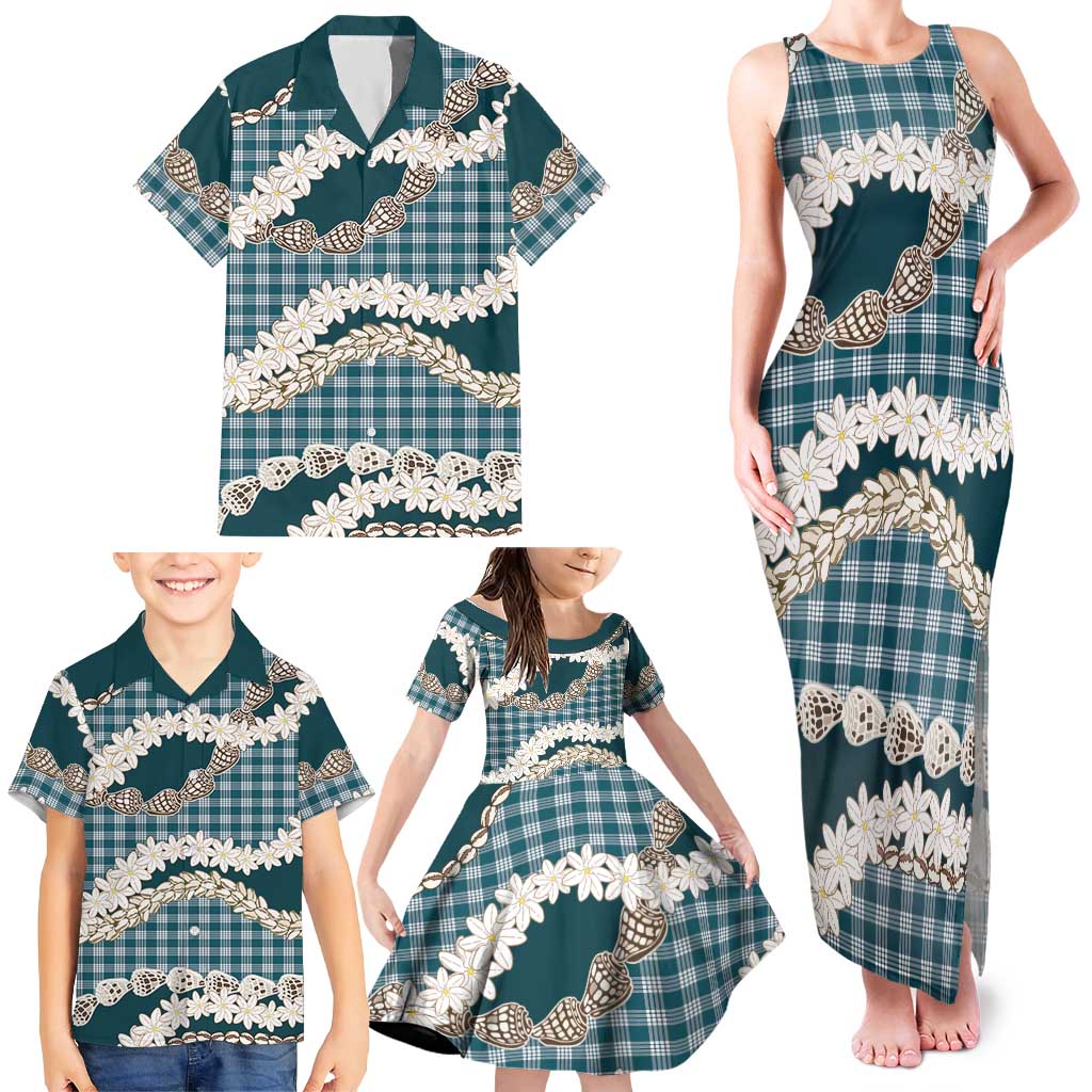 Dark Cyan Hawaii Tiare and Shell Lei Family Matching Tank Maxi Dress and Hawaiian Shirt Hawaiian Palaka Luxury Vibes - Polynesian Pride