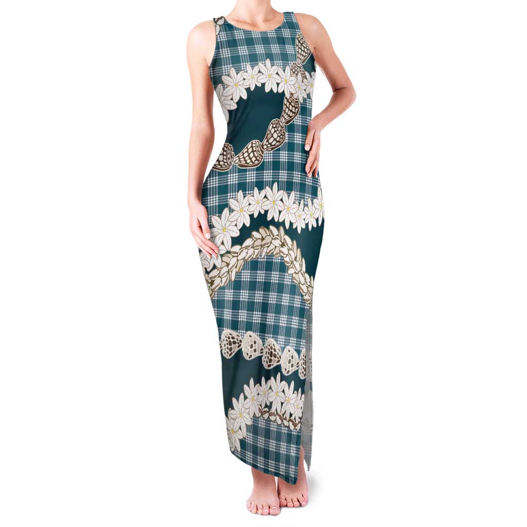 Dark Cyan Hawaii Tiare and Shell Lei Family Matching Tank Maxi Dress and Hawaiian Shirt Hawaiian Palaka Luxury Vibes - Polynesian Pride