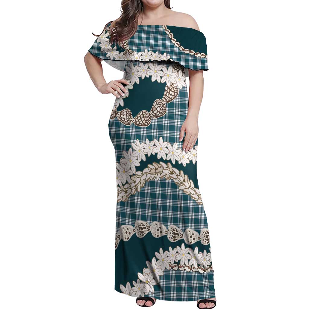 Dark Cyan Hawaii Tiare and Shell Lei Off Shoulder Maxi Dress Hawaiian Palaka Luxury Vibes LT14 Women Dark Cyan - Polynesian Pride