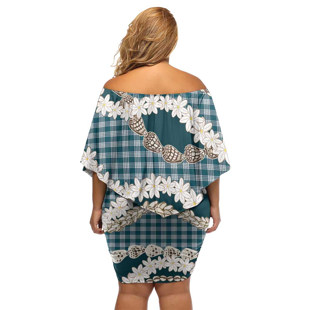 Dark Cyan Hawaii Tiare and Shell Lei Off Shoulder Short Dress Hawaiian Palaka Luxury Vibes LT14 - Polynesian Pride