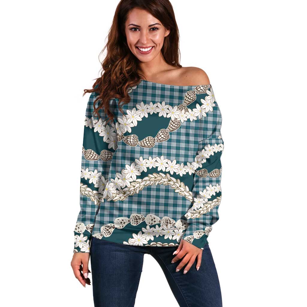Dark Cyan Hawaii Tiare and Shell Lei Off Shoulder Sweater Hawaiian Palaka Luxury Vibes - Polynesian Pride