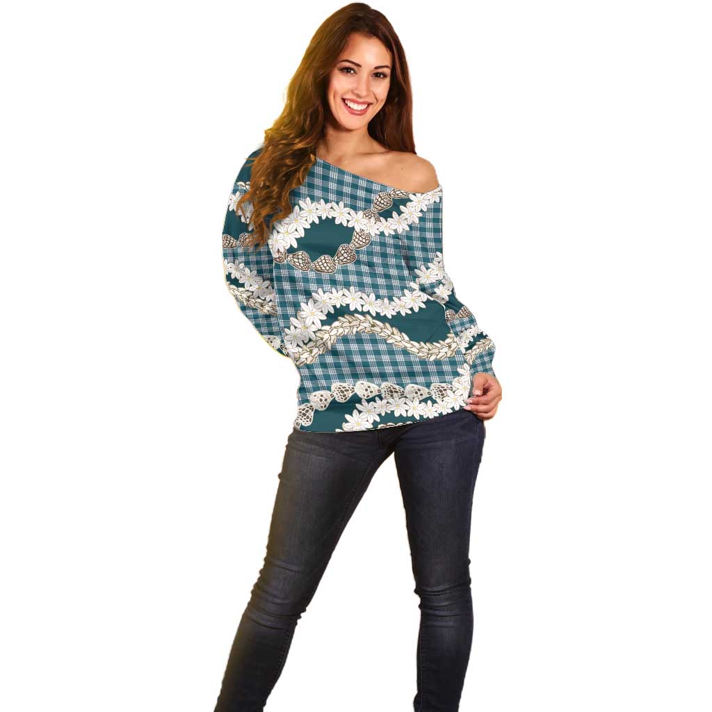 Dark Cyan Hawaii Tiare and Shell Lei Off Shoulder Sweater Hawaiian Palaka Luxury Vibes - Polynesian Pride