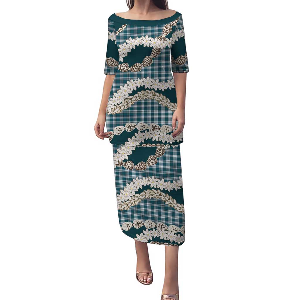 Dark Cyan Hawaii Tiare and Shell Lei Puletasi Hawaiian Palaka Luxury Vibes LT14 Long Dress Dark Cyan - Polynesian Pride