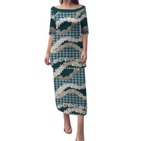 Dark Cyan Hawaii Tiare and Shell Lei Puletasi Hawaiian Palaka Luxury Vibes LT14 Long Dress Dark Cyan - Polynesian Pride