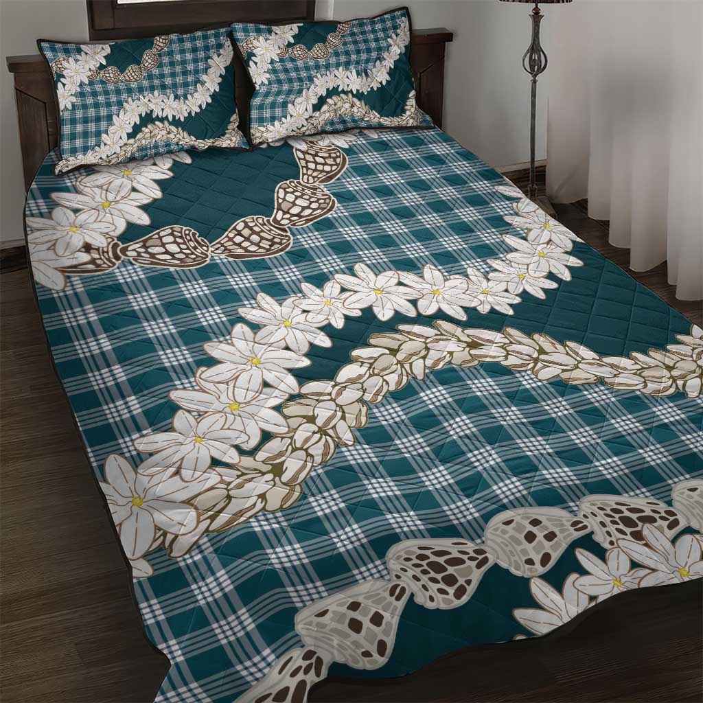 Dark Cyan Hawaii Tiare and Shell Lei Quilt Bed Set Hawaiian Palaka Luxury Vibes LT14 Dark Cyan - Polynesian Pride