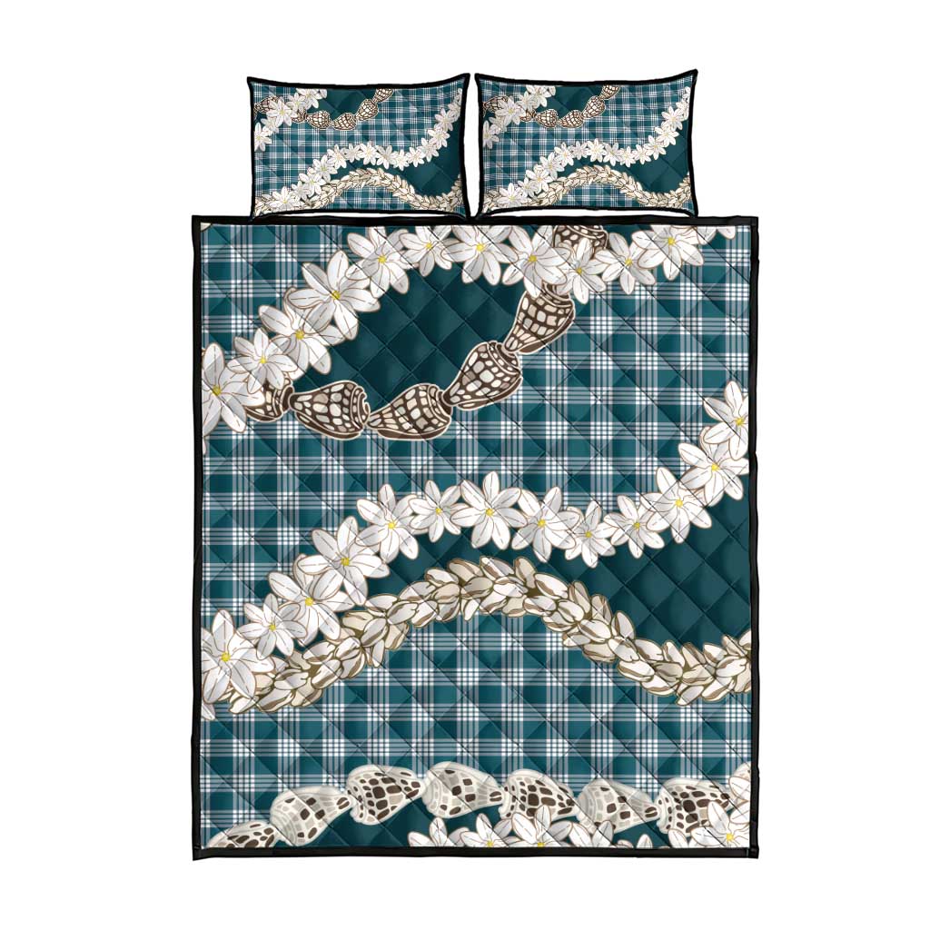 Dark Cyan Hawaii Tiare and Shell Lei Quilt Bed Set Hawaiian Palaka Luxury Vibes LT14 - Polynesian Pride
