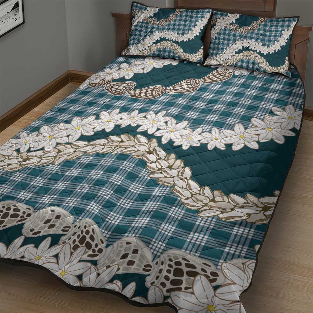 Dark Cyan Hawaii Tiare and Shell Lei Quilt Bed Set Hawaiian Palaka Luxury Vibes LT14 - Polynesian Pride
