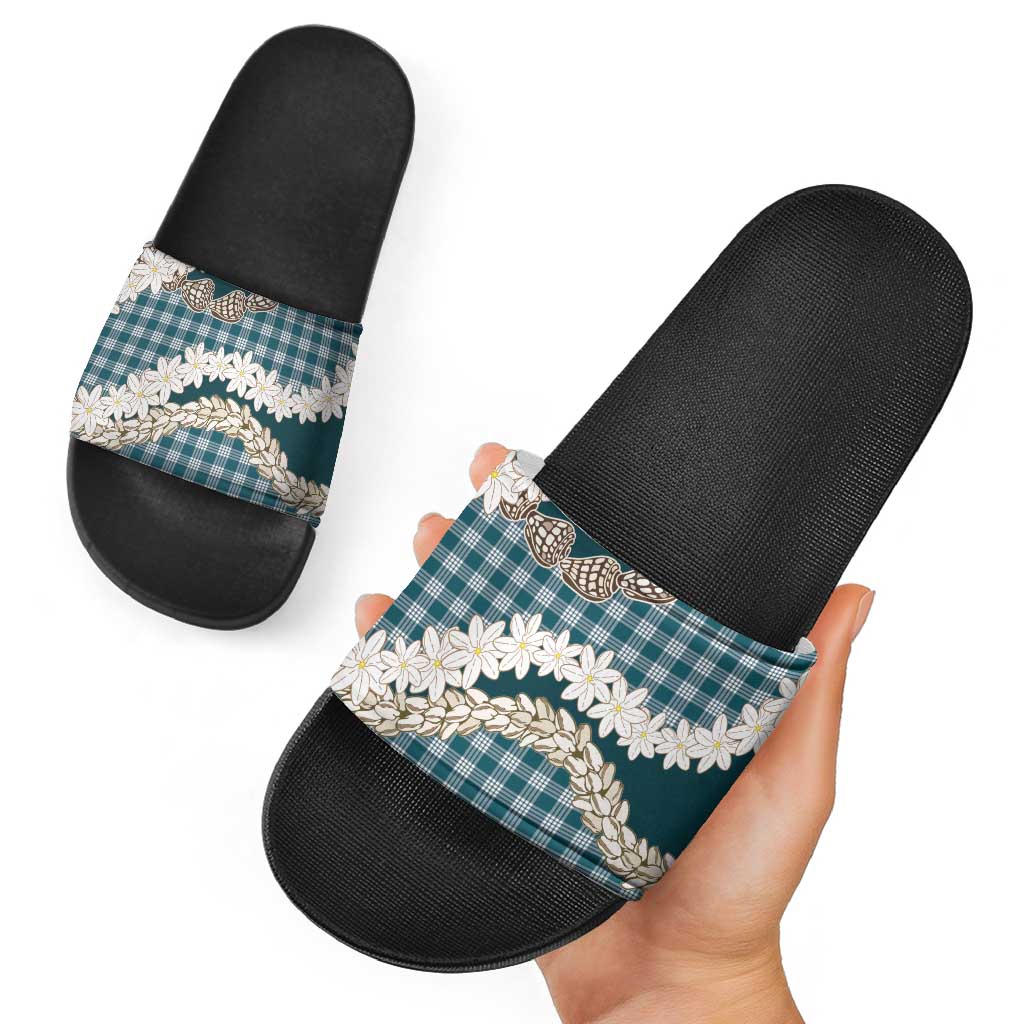 Dark Cyan Hawaii Tiare and Shell Lei Slide Sandals Hawaiian Palaka Luxury Vibes LT14 - Polynesian Pride