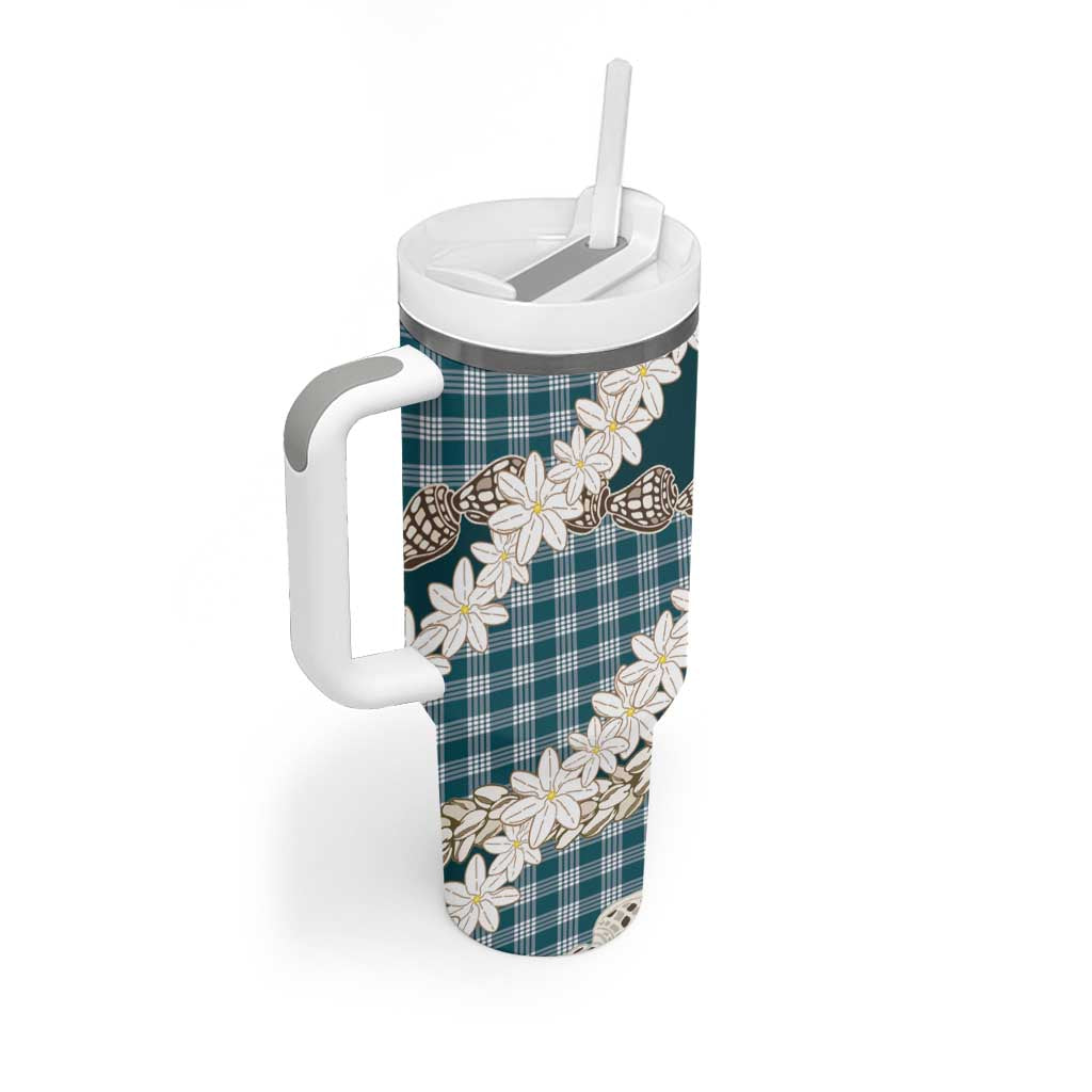 Dark Cyan Hawaii Tiare and Shell Lei Tumbler With Handle Hawaiian Palaka Luxury Vibes LT14 - Polynesian Pride