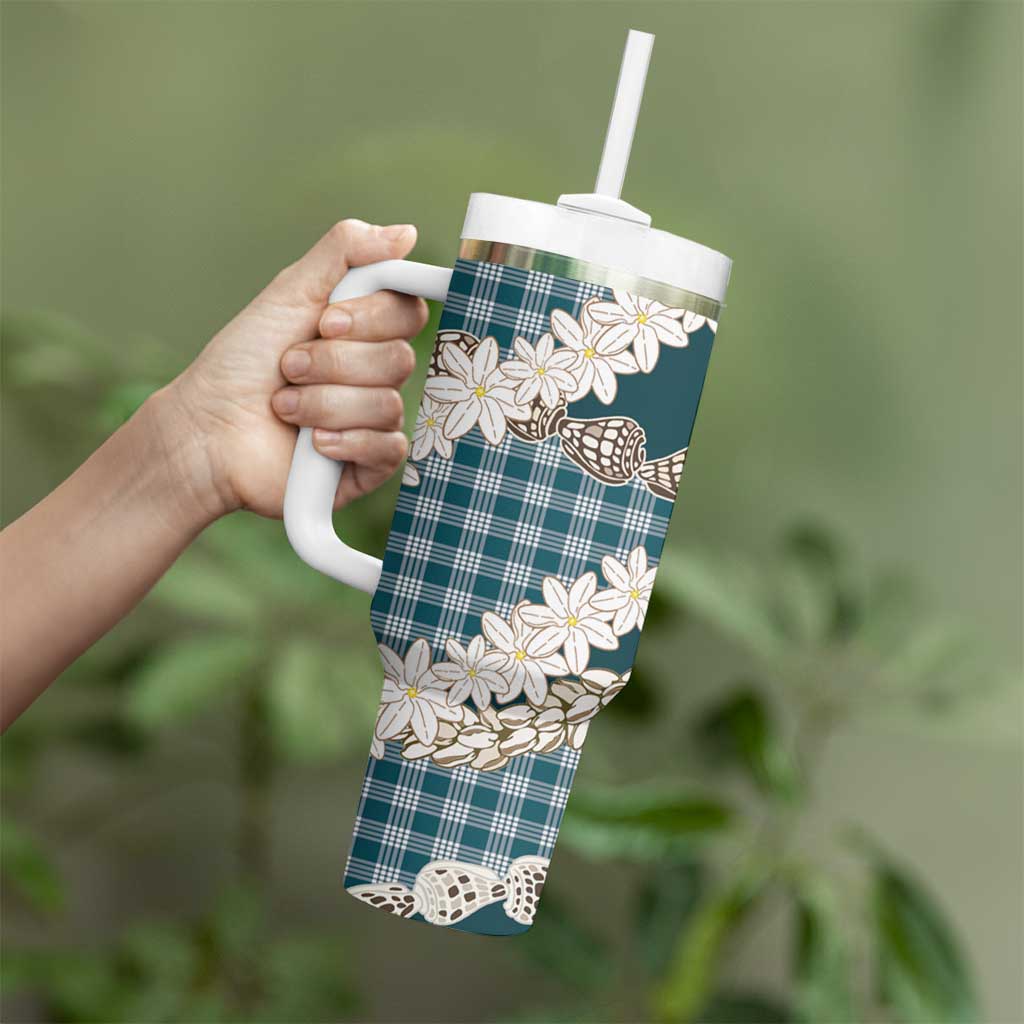 Dark Cyan Hawaii Tiare and Shell Lei Tumbler With Handle Hawaiian Palaka Luxury Vibes LT14 - Polynesian Pride