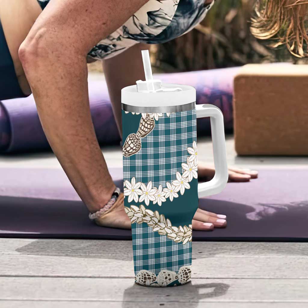 Dark Cyan Hawaii Tiare and Shell Lei Tumbler With Handle Hawaiian Palaka Luxury Vibes LT14 - Polynesian Pride