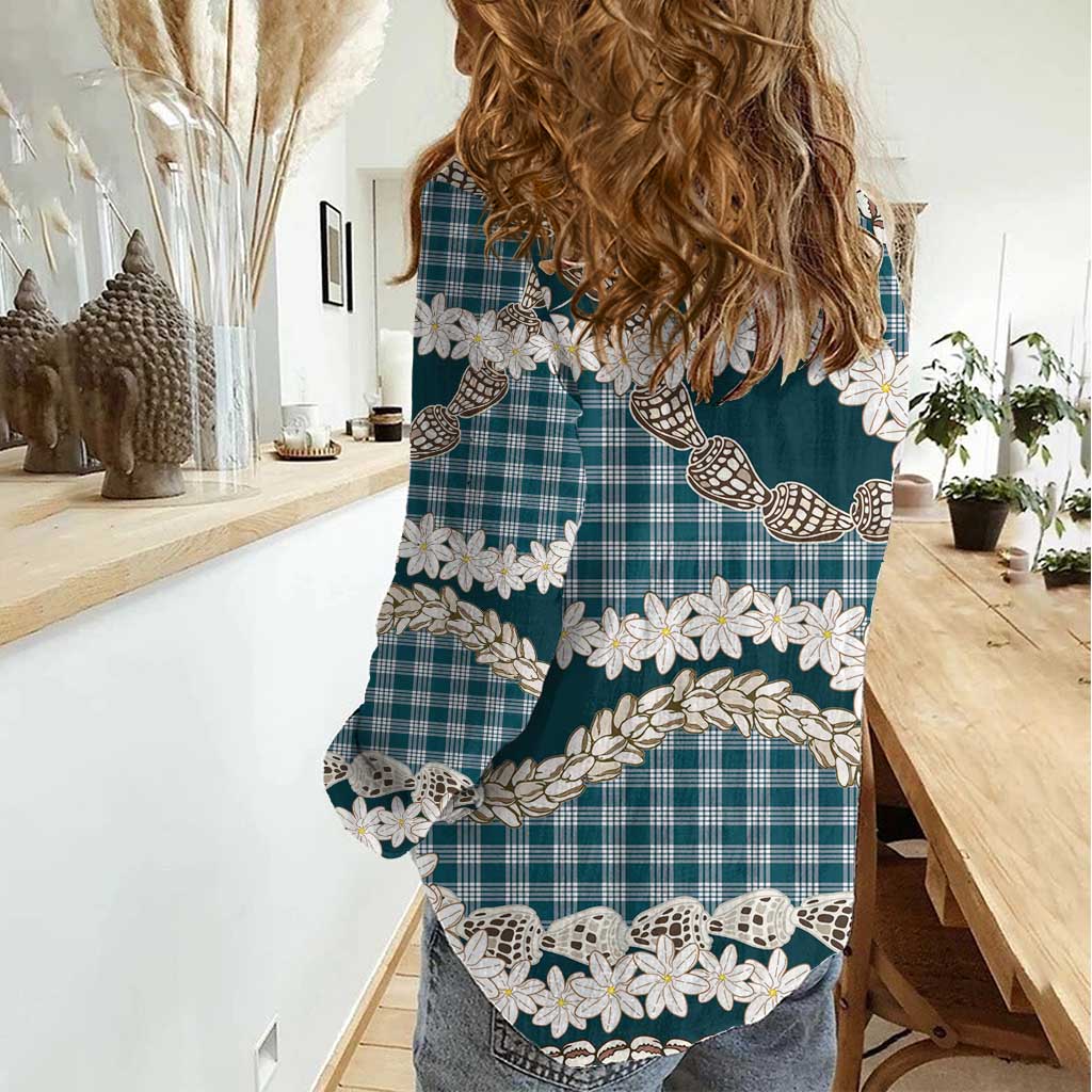 Dark Cyan Hawaii Tiare and Shell Lei Women Casual Shirt Hawaiian Palaka Luxury Vibes LT14 - Polynesian Pride