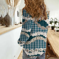 Dark Cyan Hawaii Tiare and Shell Lei Women Casual Shirt Hawaiian Palaka Luxury Vibes LT14 - Polynesian Pride