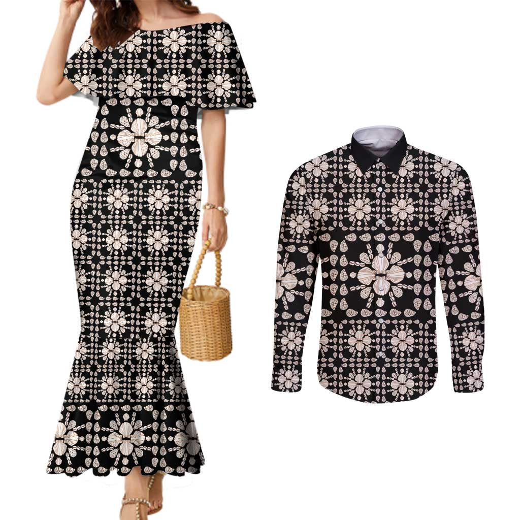 Aloha Hawaii Shell Quilt Couples Matching Mermaid Dress and Long Sleeve Button Shirt Seamless Style LT14 Black - Polynesian Pride