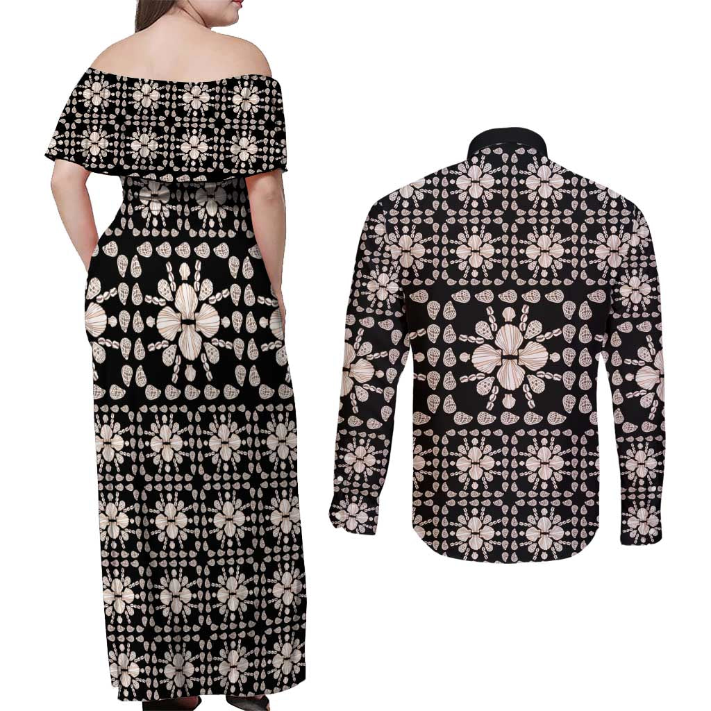 Aloha Hawaii Shell Quilt Couples Matching Off Shoulder Maxi Dress and Long Sleeve Button Shirt Seamless Style - Polynesian Pride