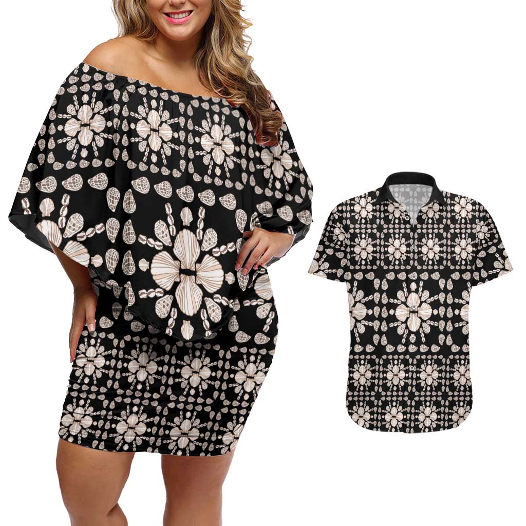 Aloha Hawaii Shell Quilt Couples Matching Off Shoulder Short Dress and Hawaiian Shirt Seamless Style LT14 Black - Polynesian Pride