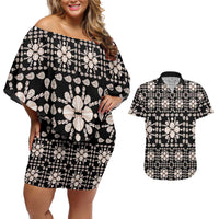 Aloha Hawaii Shell Quilt Couples Matching Off Shoulder Short Dress and Hawaiian Shirt Seamless Style LT14 Black - Polynesian Pride