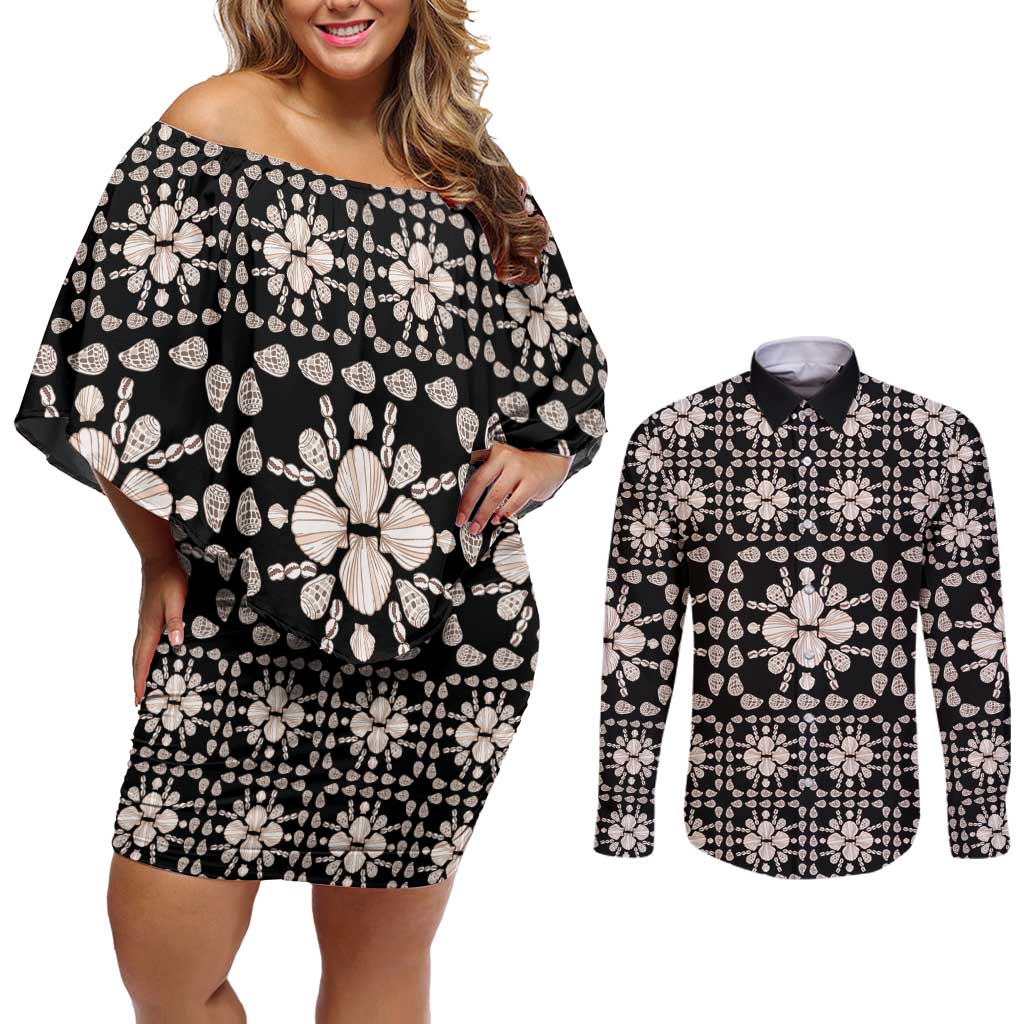 Aloha Hawaii Shell Quilt Couples Matching Off Shoulder Short Dress and Long Sleeve Button Shirt Seamless Style - Polynesian Pride