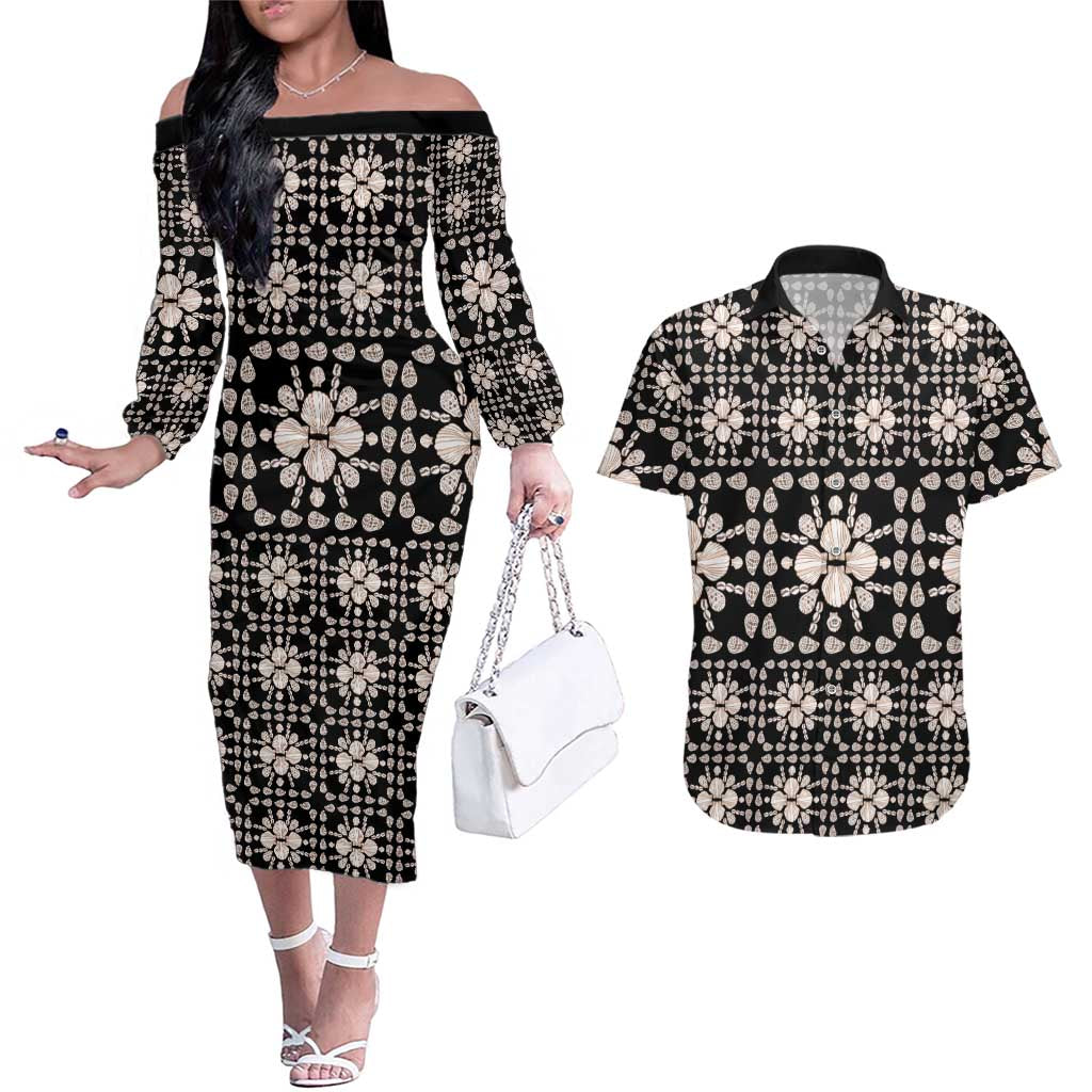 Aloha Hawaii Shell Quilt Couples Matching Off The Shoulder Long Sleeve Dress and Hawaiian Shirt Seamless Style - Polynesian Pride