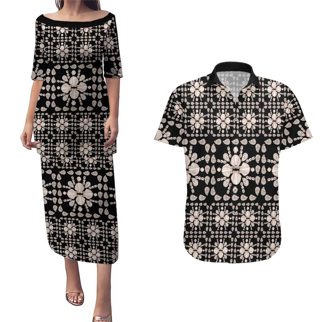 Aloha Hawaii Shell Quilt Couples Matching Puletasi and Hawaiian Shirt Seamless Style LT14 Black - Polynesian Pride