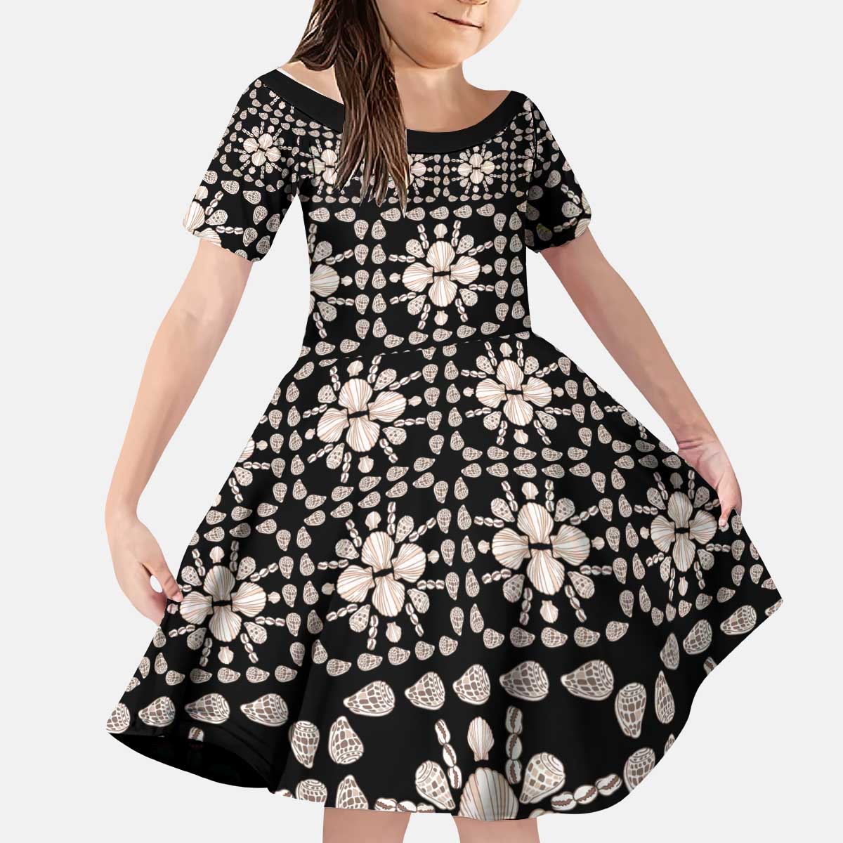 Aloha Hawaii Shell Quilt Kid Short Sleeve Dress Seamless Style LT14 KID Black - Polynesian Pride