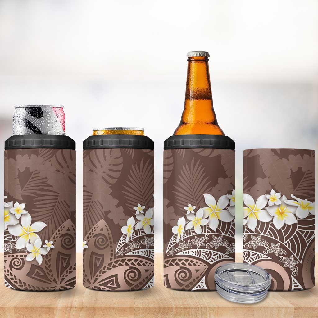 Mocha Mousse Polynesian Tribal Frangipani Tropical Vibe 4 in 1 Can Cooler Tumbler