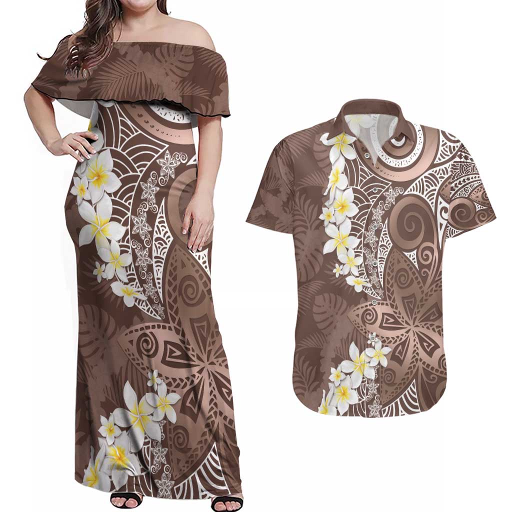 Mocha Mousse Polynesian Tribal Frangipani Tropical Vibe Couples Matching Off Shoulder Maxi Dress and Hawaiian Shirt