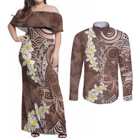 Mocha Mousse Polynesian Tribal Frangipani Tropical Vibe Couples Matching Off Shoulder Maxi Dress and Long Sleeve Button Shirt