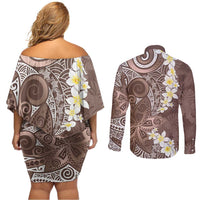 Mocha Mousse Polynesian Tribal Frangipani Tropical Vibe Couples Matching Off Shoulder Short Dress and Long Sleeve Button Shirt