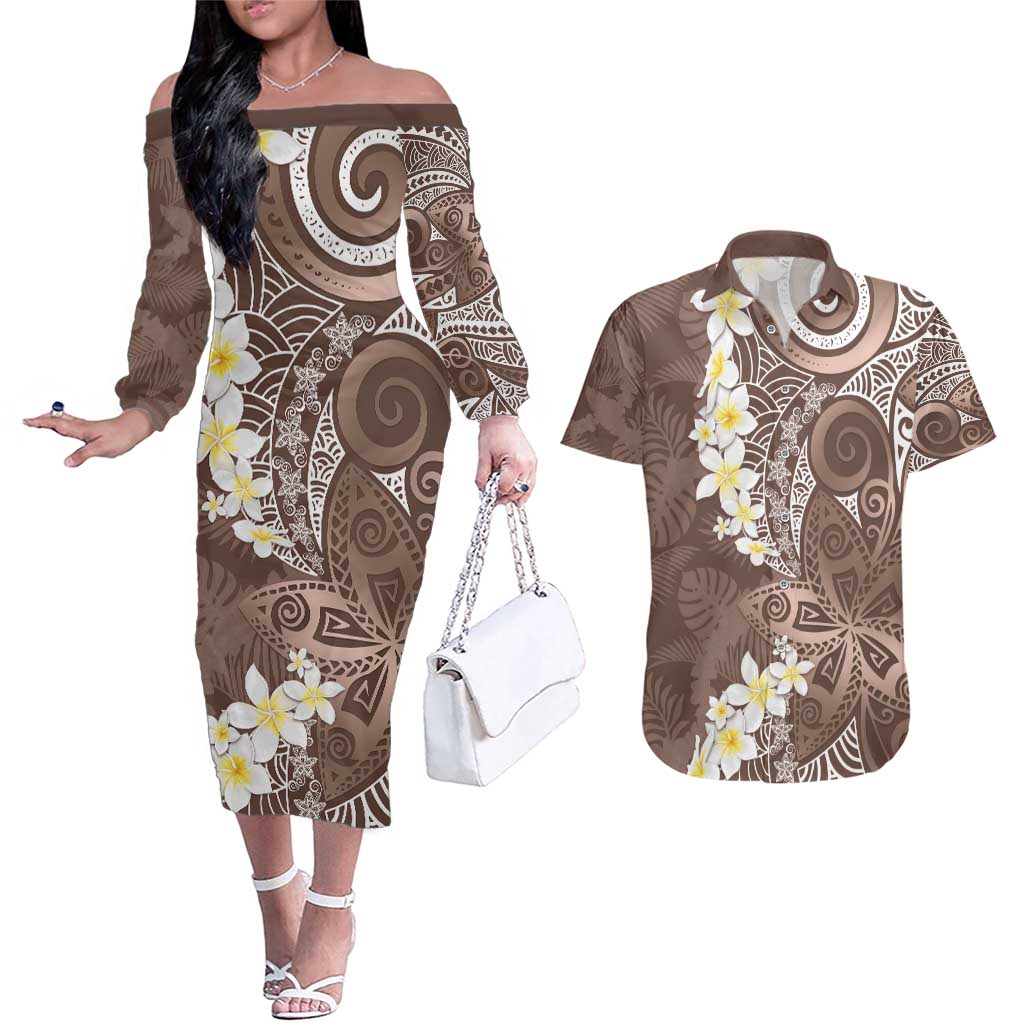 Mocha Mousse Polynesian Tribal Frangipani Tropical Vibe Couples Matching Off The Shoulder Long Sleeve Dress and Hawaiian Shirt