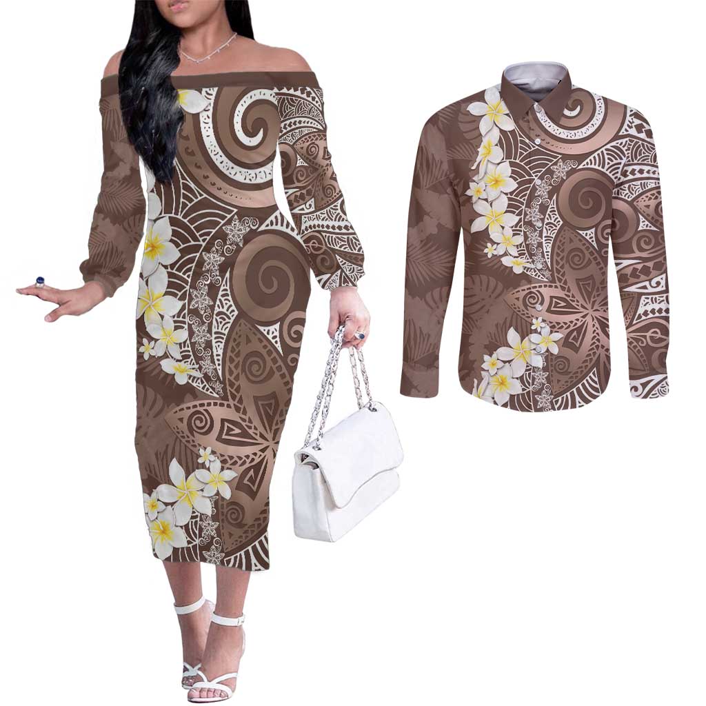 Mocha Mousse Polynesian Tribal Frangipani Tropical Vibe Couples Matching Off The Shoulder Long Sleeve Dress and Long Sleeve Button Shirt